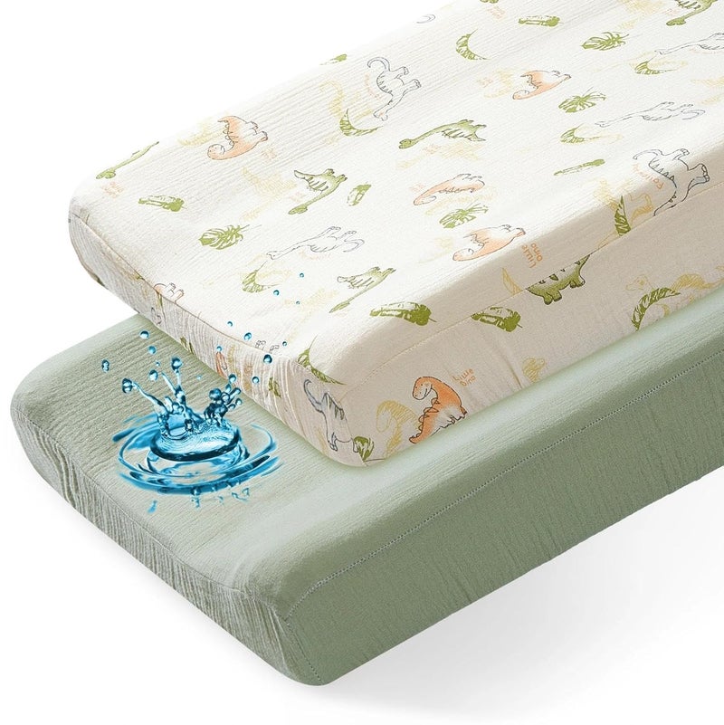 Basumee Muslin Changing Pad Cover Waterproof 2 Pack Baby Changing Table Covers for Boys and Girls Soft Breathable Nursery Diaper Change Table Cover Pad Fits 32"x16", Green - Image 1